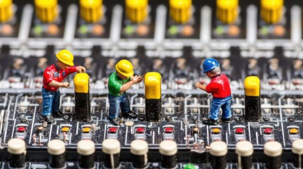 Tiny technicians meticulously work on a complex circuit board.