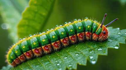 A vibrant caterpillar resting on a lush green leaf, the image showcases a close-up view with ultra high detail, The background is softly blurred.