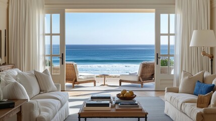 Ocean view from bright, luxurious living room, open doors onto outdoor seating area