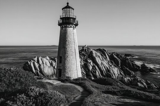 Dramatic black and white coastal scene featuring a tall lighthouse perched atop rugged, rocky cliffs overlooking the ocean. A winding path leads towards it