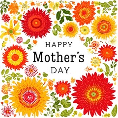 Vibrant Mother's Day card vector illustration with 'HAPPY MOTHER'S DAY' text, featuring colorful sunflowers, chrysanthemums, and daisies on clean white background