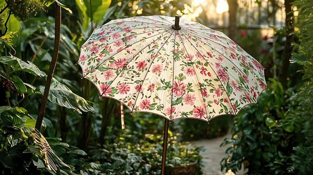 Floral garden parasol in lush greenery