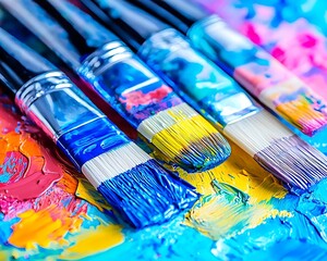 Fototapeta premium Vibrant paintbrushes resting on a colorful palette of artist's pigments.