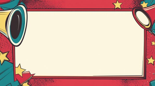 Retro announcement banner; empty space for text; stars, megaphones; celebratory background; marketing