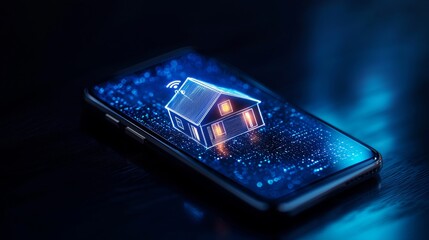 Digital Representation of a Smart Home on a Smartphone Display with Glowing Elements