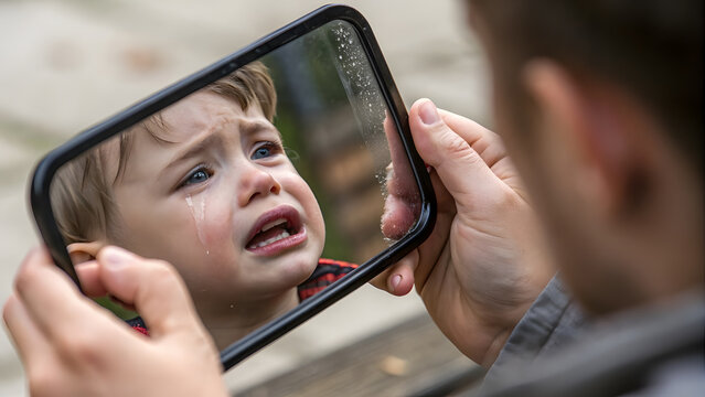 Mirror Reflecting Crying Child Held by Adult Hands. Perfect for: Inner Child Therapy, Self-Reflection Week, Mental Health Month