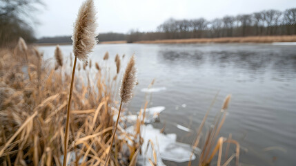 Frozen lake serenity cattails and icy water winter nature scene