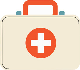 Fototapeta premium A simple, flat illustration of a cream-colored first aid kit with an orange handle and latches, featuring a prominent white cross inside an orange circle.