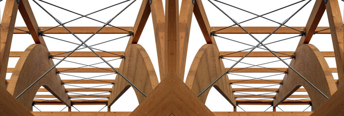 Detail of a modern wooden architecture in glued laminated timber on white background