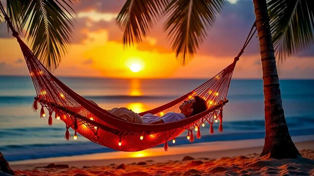 Hammock, sunset relaxation, beach leisure. Vacation comfort. Tropical palms enhance scenic views. Sunset hues create peaceful atmosphere. Beach hammocks promote serene escapes.