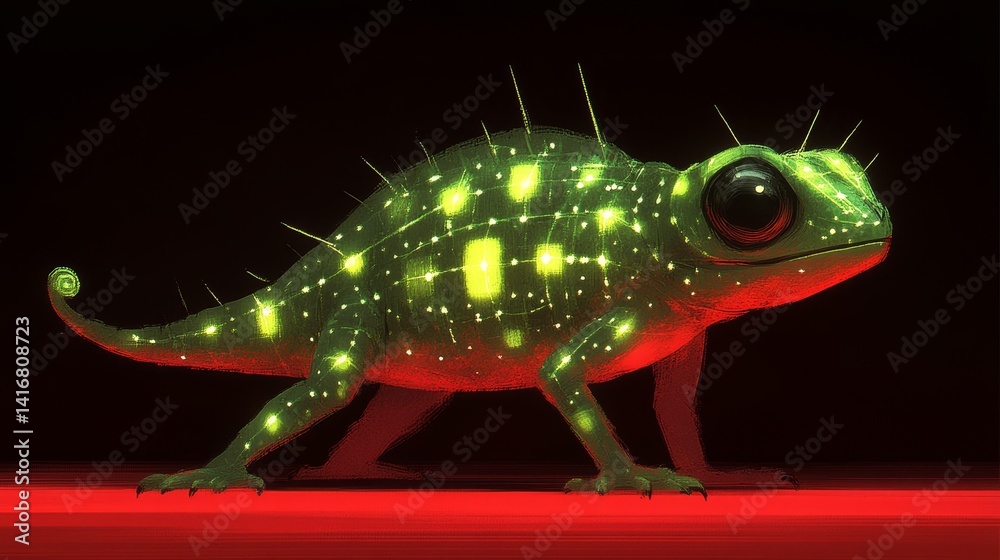 Wall mural Pixelated chameleon in a vibrant, glowing display with detailed texture and depth a striking digital artwork using creative rendering techniques
