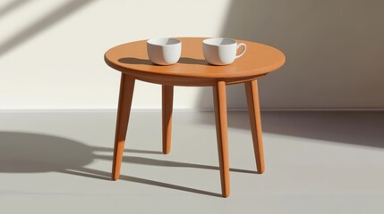 Simple, round side table with two white cups.