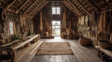 Rustic interior of a traditional thatched-roof dwelling.