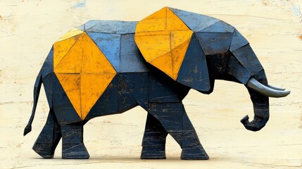 Geometric elephant sculpture against a grainy background artistic polygonal design with shades of blue yellow and black showcasing modern creativity and unique visual appeal