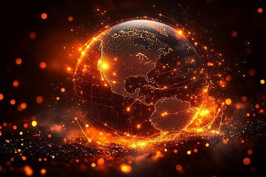 Fiery, glowing depiction of a digital globe.