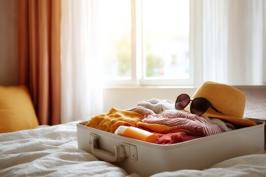 Open suitcase on bed with clothes, sunglasses, hat and sunscreen ready for summer vacation