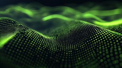 Glowing green dots form abstract digital wave pattern against black
