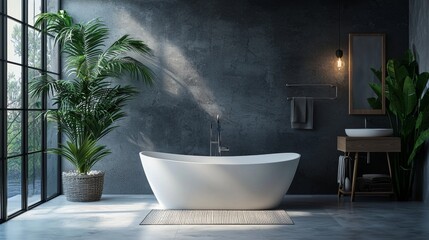 Modern bathroom with freestanding tub and green plants