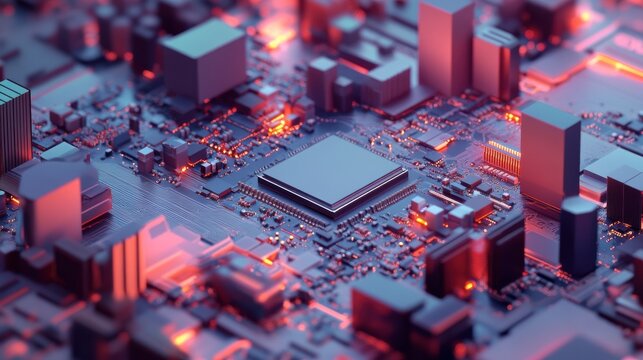 CPU chip on Motherboard - abstract 3D render of a processor computer chip on a cicuit board with microchips