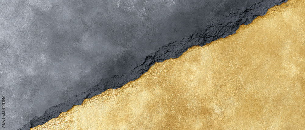 Poster textured surface featuring diagonal split between metallic gray and gold, creating striking contrast. rough texture adds depth and interest to composition