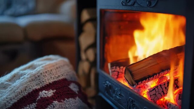 the fireplace is burning in the house. Selective focus
