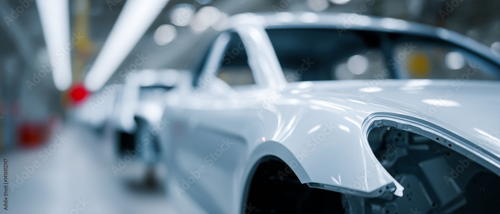 Poster sleek white car bodies in modern automotive factory, showcasing precision engineering and advanced m