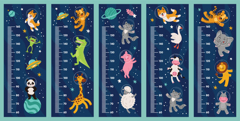 Kids height chart, space, cute animal astronauts in outer space. Height meter. Cartoon vector flat illustration