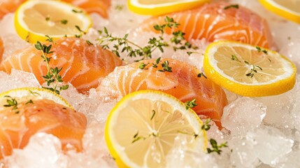 Raw salmon with lemon slices and herbs on ice crystals, close up