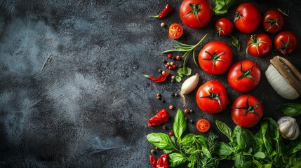 Overhead of tomatoes, chili and herbs on dark stone background