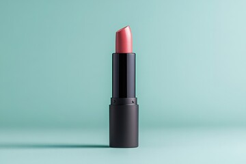 Bright pink lipstick stands upright on a mint green background showcasing modern makeup trends and beauty essentials