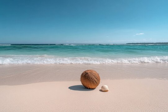 Serenity at the beach with a straw ball and a shell under a clear sky on a calm day