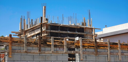 Building Construction Process Wooden Framework Bright Daytime Blue Sky