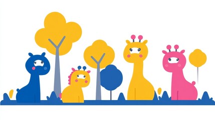 Fototapeta premium Pixelated Safari: A Whimsical Landscape with Cartoon Giraffes, Trees, and Playful Hippo in a Bright Colorful and Square Composition Style