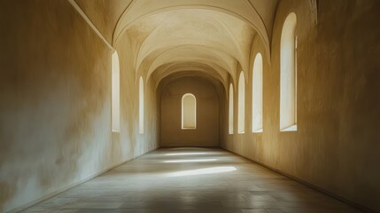 Obraz premium Empty, sunlit corridor with arched windows.