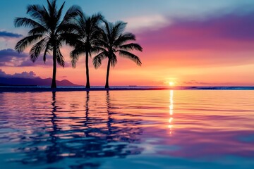Beautiful sunset over the ocean with palm trees in the background. The water is calm and the sky is a mix of pink and orange hues