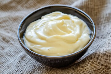 Close-up of creamy, light-yellow vanilla pudding in a rustic dark bowl on a textured beige cloth, creating a simple, comforting dessert scene.