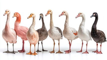 Obraz premium Illustrative parade of stylized fowl representing variety and diversity in avian species plumage with creative and unique textures against a white background