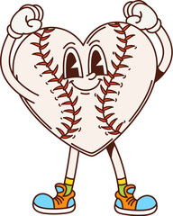 Baseball heart ball sport groovy happy character. Sport team match cute retro vector character, baseball league tournament cheerful 60s 70s cartoon mascot. Sport club competition happy personage
