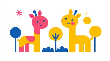 Obraz premium WhimsicalGiraffeDuetPixelatedForestIllustrationRetroKindergartenArtDecoDelightColorfulMosaicSafariChicAbstractGiraffeFriendsGraphicCuteGiraffePattern