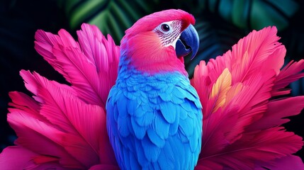 Obraz premium Vibrant macaw portrait amidst exotic flora tropical splendor a feathered beauty in a botanical paradise vivid plumage artistry bright birdlife