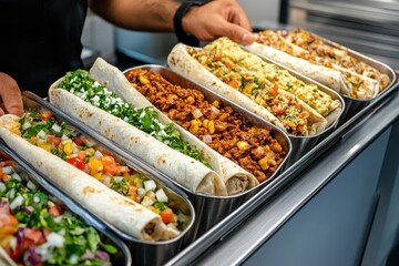 Obraz premium Delicious array of vibrant burritos displayed at a local food stall during lunchtime