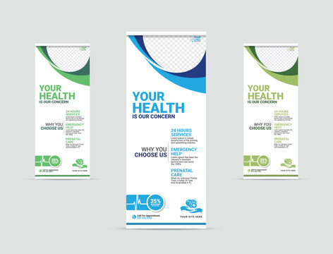 Professional health care and medical roll up design, standee and banner template decoration for exhibition, printing and presentation creative template design.	
