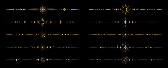 Esoteric magic celestial divider borders. Vector set of fantasy lines with mystical esoteric sun, crescent moon and star symbols in boho style. Mystic, astrology, witchcraft space spiritual frames