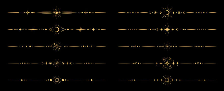 Esoteric magic celestial divider borders. Vector set of fantasy lines with mystical esoteric sun, crescent moon and star symbols in boho style. Mystic, astrology, witchcraft space spiritual frames
