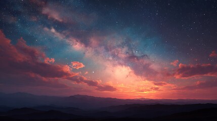 Naklejka premium A colorful, dreamy landscape showing mountains under the vast starry sky at sunset