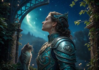 Fototapeta premium Woman in Ornate Armor with Crown Looking at Starry Night Sky | Fantasy Portrait of a Queen with a Cat in a Magical Garden Setting for Book Covers and Gaming Art