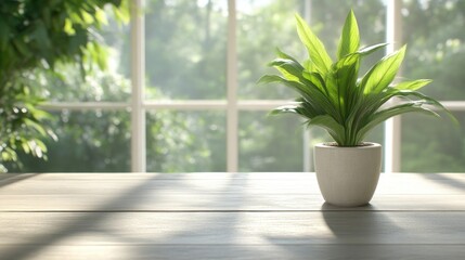 Fototapeta premium Sunlight streams through a window, illuminating a small potted plant on a wooden table