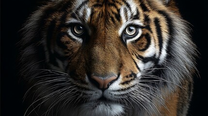 Fototapeta premium A focused tiger portrait with stunning facial details against a solid black background