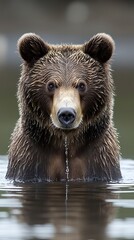Obraz premium Brown bear emerging from water, facing forward.
