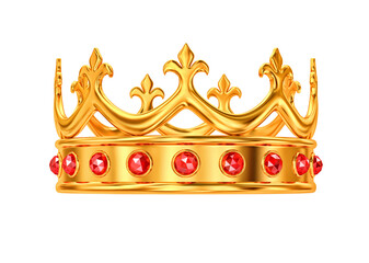 Golden royal crown with red gems isolated on white. Clipping path included